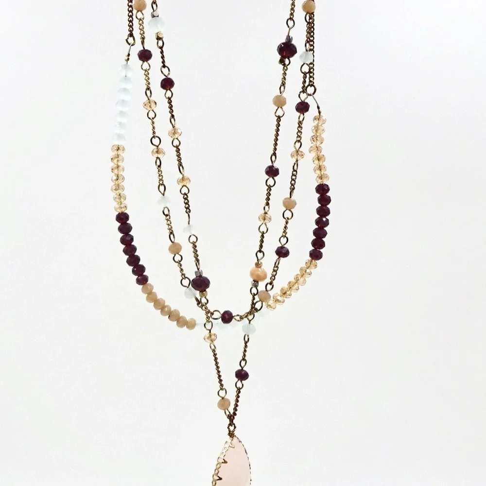 TRIPLE STRAND ROSE QUARTZ CRYSTAL DROP NECKLACE - Picture 4 of 7
